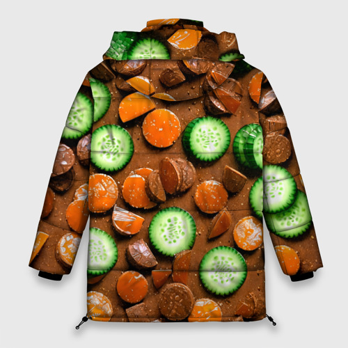 Женская зимняя куртка 3D с принтом Огуречные дольки в шоколаде, вид сзади #1