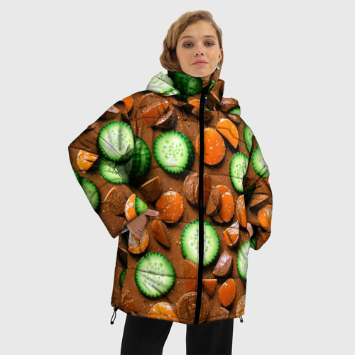 Женская зимняя куртка 3D с принтом Огуречные дольки в шоколаде, фото на моделе #1