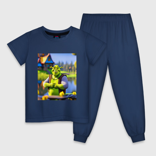 Детская пижама хлопок Шрек на своем болоте, цвет темно-синий