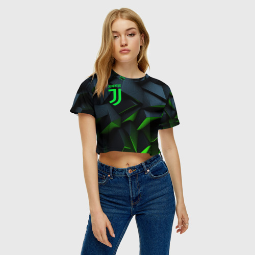 Женская футболка Crop-top 3D Juventus black green logo, цвет 3D печать - фото 3