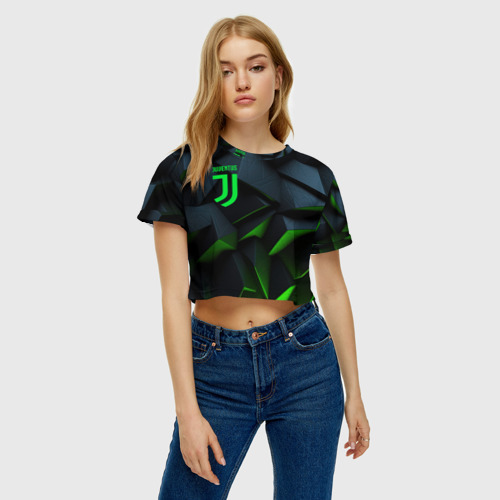 Женская футболка Crop-top 3D Juventus black green logo, цвет 3D печать - фото 4