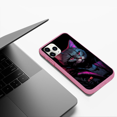 Чехол для iPhone 11 Pro Max матовый Кот в стиле Киберпанк, цвет малиновый - фото 5