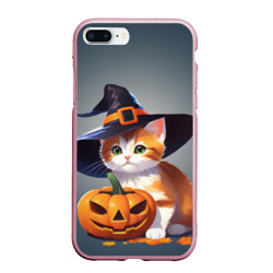 Чехол для iPhone 7Plus/8 Plus матовый Рыжий котенок в шляпе ведьмы с тыквой на Хэллоуин