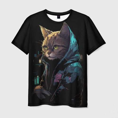 Мужская футболка 3D Кот  в стиле  киберпанк, цвет 3D печать