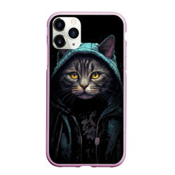 Чехол для iPhone 11 Pro Max матовый Кот в капюшоне стиль киберпанк