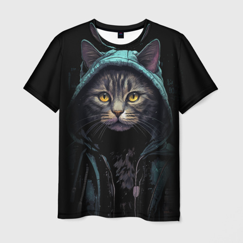 Мужская футболка 3D Кот в капюшоне стиль киберпанк, цвет 3D печать