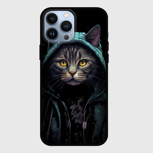 Чехол для iPhone 13 Pro Max с принтом Кот в капюшоне стиль киберпанк, вид спереди #2