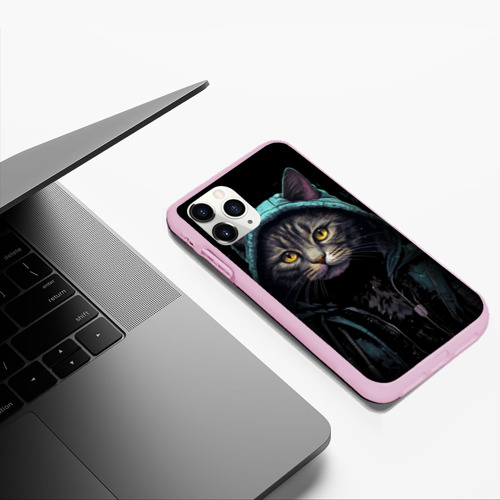 Чехол для iPhone 11 Pro Max матовый Кот в капюшоне стиль киберпанк, цвет розовый - фото 5