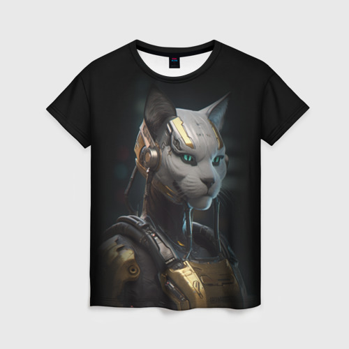 Женская футболка 3D с принтом Кошка робот, вид спереди #2