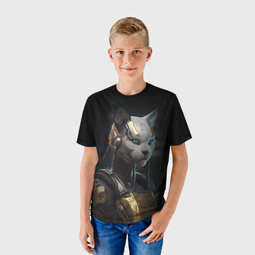 Детская футболка 3D с принтом Кошка робот, фото на моделе #1