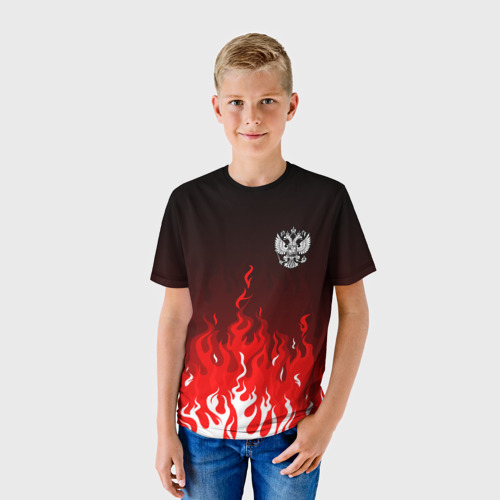 Детская футболка 3D с принтом Герб РФ - красное пламя, фото на моделе #1