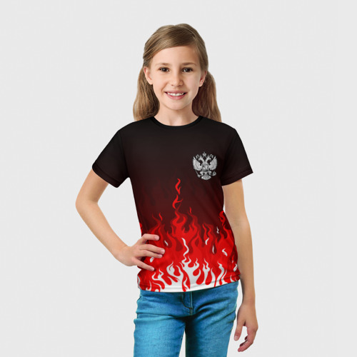 Детская футболка 3D с принтом Герб РФ - красное пламя, вид сбоку #3