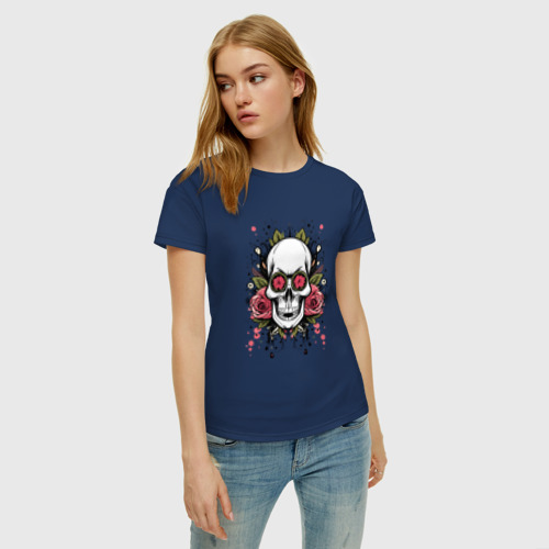 Женская футболка хлопок Мексиканский гламурный череп, цвет темно-синий - фото 3