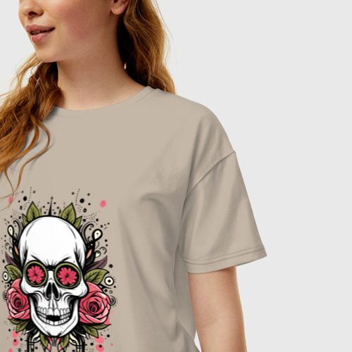 Женская футболка хлопок Oversize Мексиканский гламурный череп, цвет миндальный - фото 3