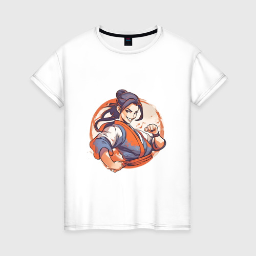 Женская футболка из хлопка с принтом Девушка айкидо, вид спереди №1