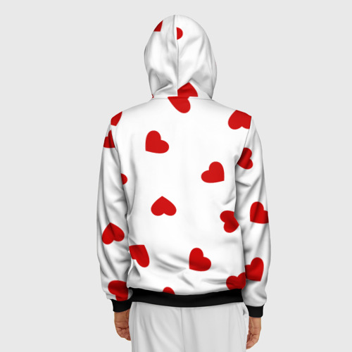 Мужская толстовка 3D на молнии с принтом Красные сердечки на белом, вид сзади #2