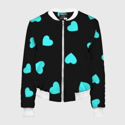 Женский бомбер 3D С голубыми сердечками на черном