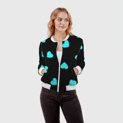 Женский бомбер 3D С голубыми сердечками на черном - фото 2