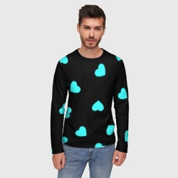 Мужской лонгслив 3D С голубыми сердечками на черном - фото 2