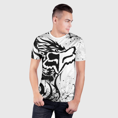 Мужская футболка 3D Slim с принтом Fox motocross - белый дракон, фото на моделе #1