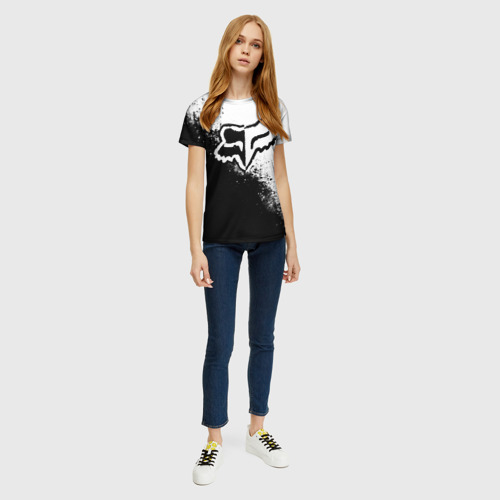 Женская футболка 3D с принтом Fox motocross - черно-белые пятна, вид сбоку #3