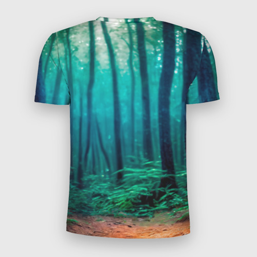 Мужская футболка 3D Slim с принтом Девушка фея в дремучем лесу, вид сзади #1