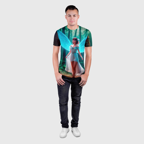 Мужская футболка 3D Slim с принтом Девушка фея в дремучем лесу, вид сбоку #3