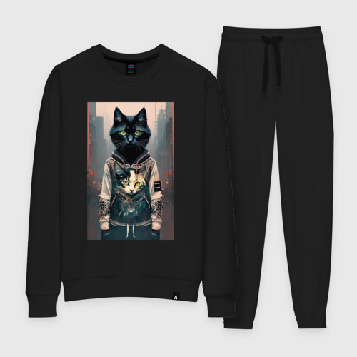 Женский костюм хлопок Уличный котяра в модном прикиде, цвет черный
