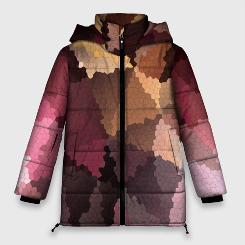Женская зимняя куртка 3D с принтом Мозаика в коричнево-розовых тонах, вид спереди #2