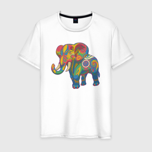 Мужская футболка из хлопка с принтом Разноцветный слоник с орнаментом, вид спереди №1