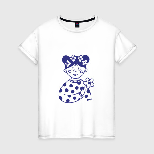 Женская футболка из хлопка с принтом Милая девочка с цветком, вид спереди №1