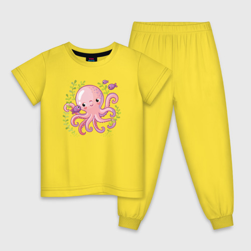Детская пижама хлопок с принтом Розовый осьминожка, вид спереди #2