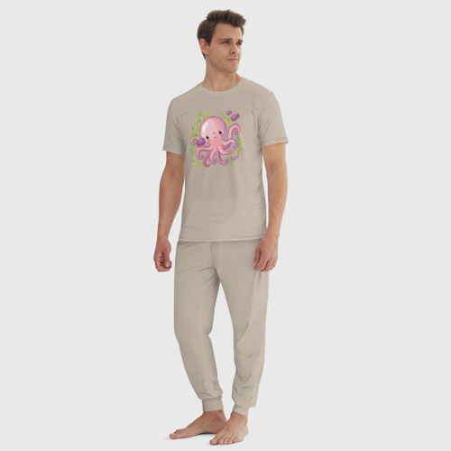 Мужская пижама хлопок с принтом Розовый осьминожка, вид сбоку #3