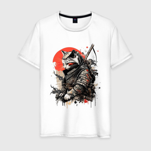 Мужская футболка из хлопка с принтом Японский самурай - кот, вид спереди №1