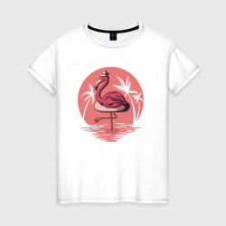 Розовый фламинго в очках и шляпе – Женская футболка хлопок с принтом купить со скидкой в -20%