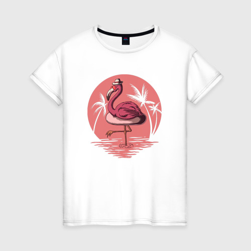 Женская футболка из хлопка с принтом Розовый фламинго в очках и шляпе, вид спереди №1