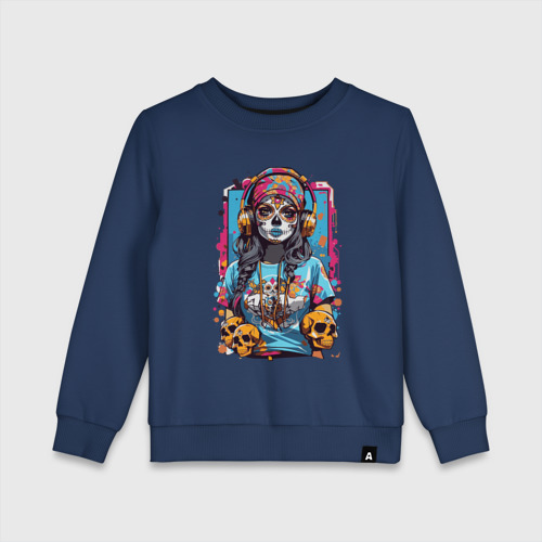 Детский свитшот хлопок Девушка с черепами в стиле Калавера, цвет темно-синий