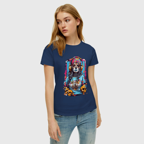 Женская футболка хлопок Девушка с черепами в стиле Калавера, цвет темно-синий - фото 3