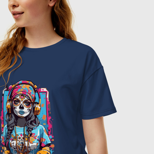 Женская футболка хлопок Oversize Девушка с черепами в стиле Калавера, цвет темно-синий - фото 3