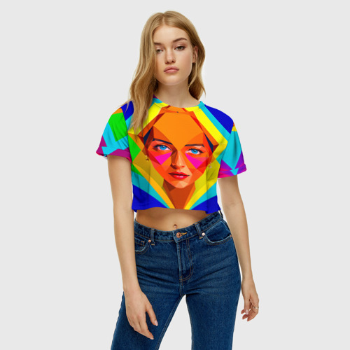 Женская футболка Crop-top 3D Девушка голубоглазая в ромбе, цвет 3D печать - фото 4