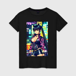 Женская футболка хлопок Крутая городская кошко-девчонка - аниме