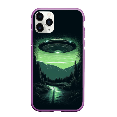 Чехол для iPhone 11 Pro матовый с принтом НЛО в лесу, вид спереди #2