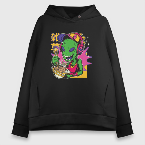 Женское худи Oversize хлопок The alien eats noodles, цвет черный