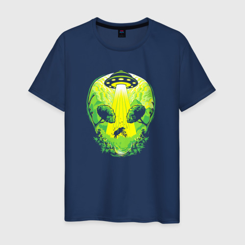 Светящаяся мужская футболка с принтом Силуэт пришельца в лесу, вид спереди №1