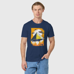 Светящаяся футболка с принтом Запуск пирамиды для любого человека, вид спереди №2. Цвет основы: темно-синий