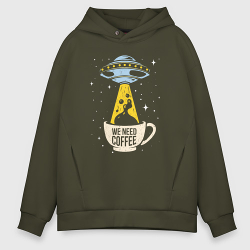 Мужское светящееся худи We Need coffee ufo, цвет хаки