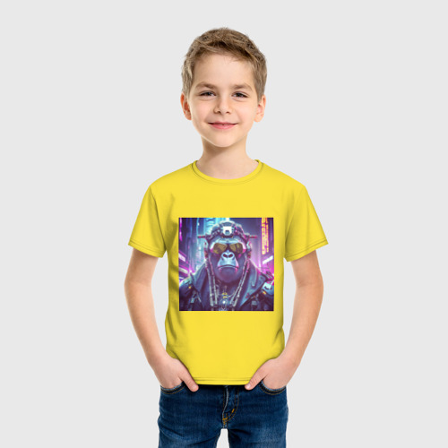 Детская футболка хлопок с принтом Горилла киберпанк, фото на моделе #1