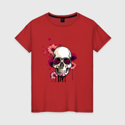 Женская футболка хлопок Цветы и череп