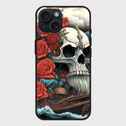 Чехол силиконовый для Apple iPhone 15 матовый Череп викинга на корабле с розами в стиле тату ирезуми