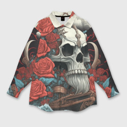 Мужская рубашка oversize 3D Череп викинга на корабле с розами в стиле тату ирезуми